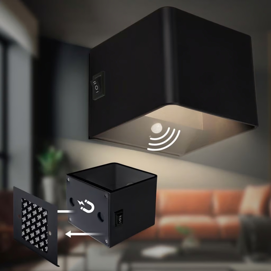 Briloner 3879015 - Aplique de parede LED recarregável BORRA LED/1,5W/5V 3600 mAh com sensor de movimento e sensor crepuscular, preto