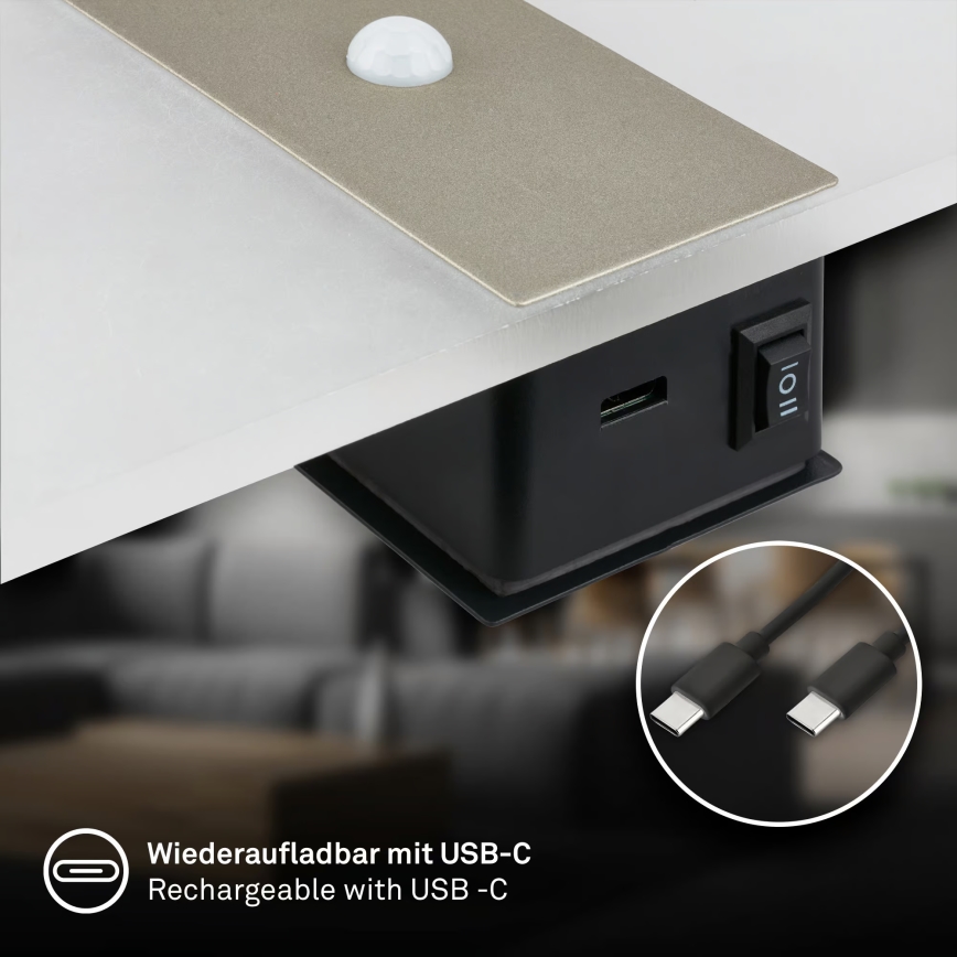 Briloner 3888012 - Aplique de parede LED recarregável com sensor de movimento e crepúsculo AURA LED/2,5W/5V 1800 mAh acabamento cromado mate