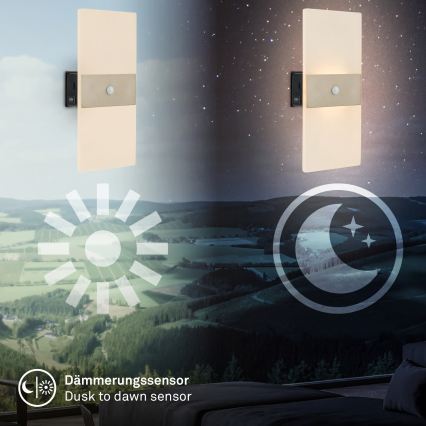 Briloner 3888012 - Aplique de parede LED recarregável com sensor de movimento e crepúsculo AURA LED/2,5W/5V 1800 mAh acabamento cromado mate