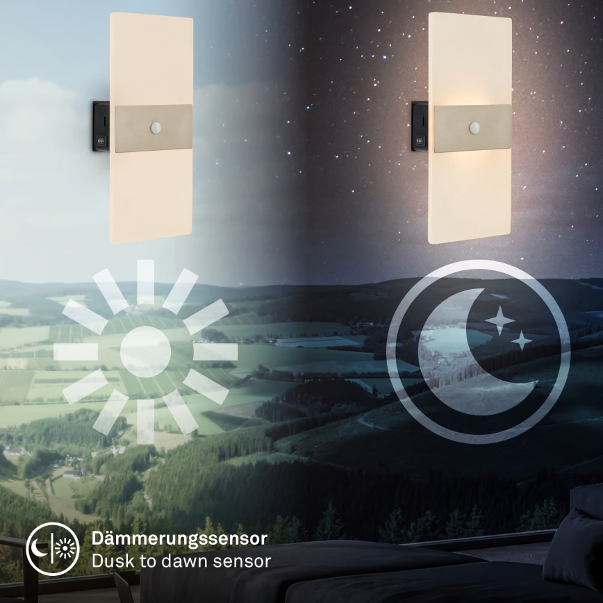 Briloner 3888012 - Aplique de parede LED recarregável com sensor de movimento e crepúsculo AURA LED/2,5W/5V 1800 mAh acabamento cromado mate
