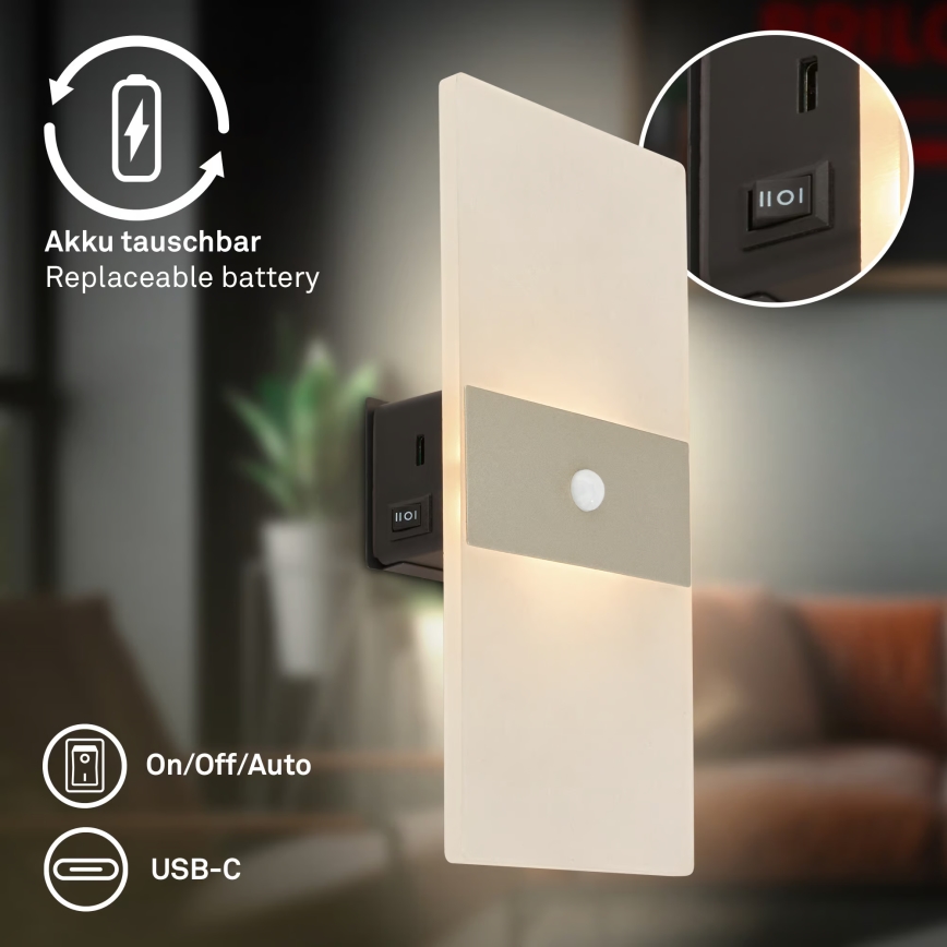Briloner 3888012 - Aplique de parede LED recarregável com sensor de movimento e crepúsculo AURA LED/2,5W/5V 1800 mAh acabamento cromado mate