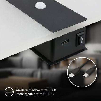 Briloner 3888015 - Aplique de parede LED recarregável com sensor de movimento e crepúsculo AURA LED/2,5W/5V 1800 mAh preto