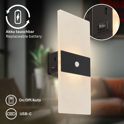 Briloner 3888015 - Aplique de parede LED recarregável com sensor de movimento e crepúsculo AURA LED/2,5W/5V 1800 mAh preto