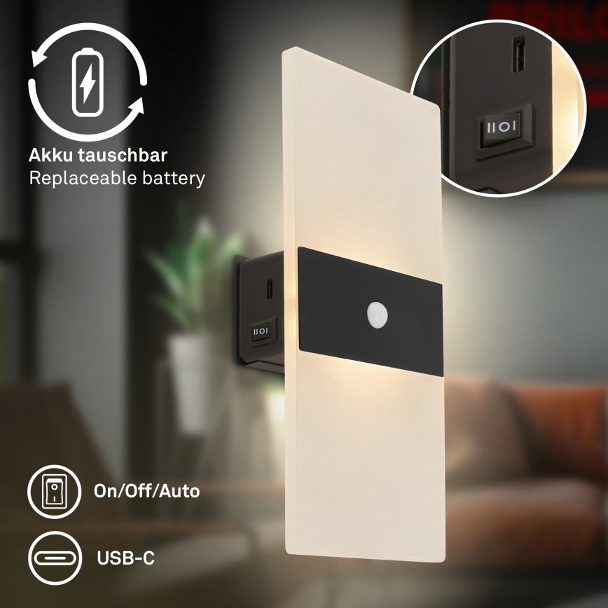 Briloner 3888015 - Aplique de parede LED recarregável com sensor de movimento e crepúsculo AURA LED/2,5W/5V 1800 mAh preto