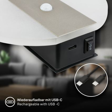 Briloner 3889012 - Aplique de parede LED recarregável com sensor de movimento e de crepúsculo TARO LED/2,5W/5V 1800 mAh cromado mate