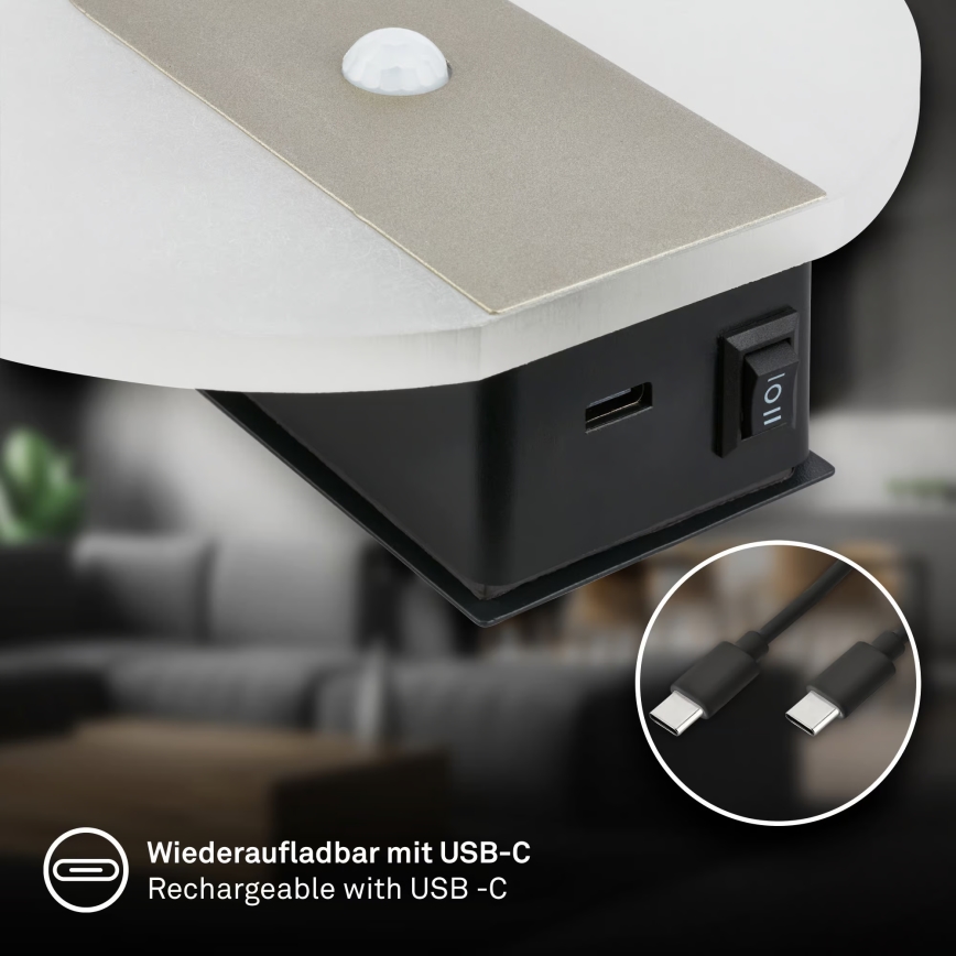 Briloner 3889012 - Aplique de parede LED recarregável com sensor de movimento e de crepúsculo TARO LED/2,5W/5V 1800 mAh cromado mate