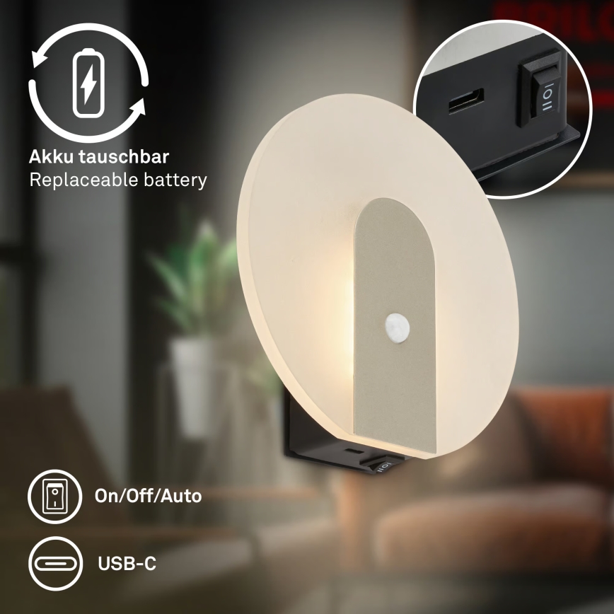 Briloner 3889012 - Aplique de parede LED recarregável com sensor de movimento e de crepúsculo TARO LED/2,5W/5V 1800 mAh cromado mate