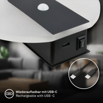 Briloner 3889015 - Aplique de parede LED recarregável com sensor de movimento e de crepúsculo TARO LED/2,5W/5V 1800 mAh preto
