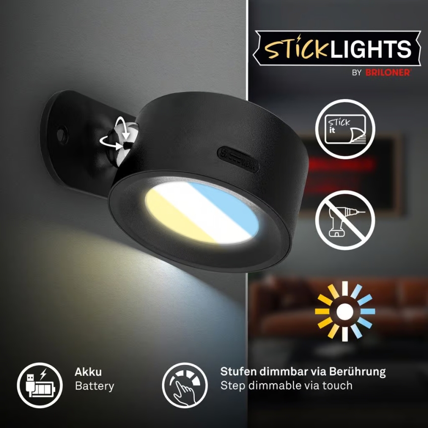 Briloner 3896015 - Aplique de parede LED recarregável dimerizável TARI LED/1,6W/5V 1500 mAh preto