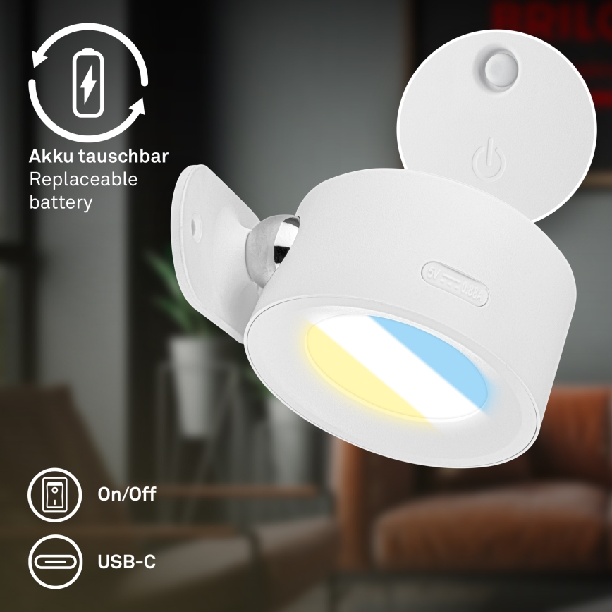 Briloner 3896016 - Aplique de parede LED recarregável e dimerizável TARI LED/1,6W/5V 1500 mAh branco