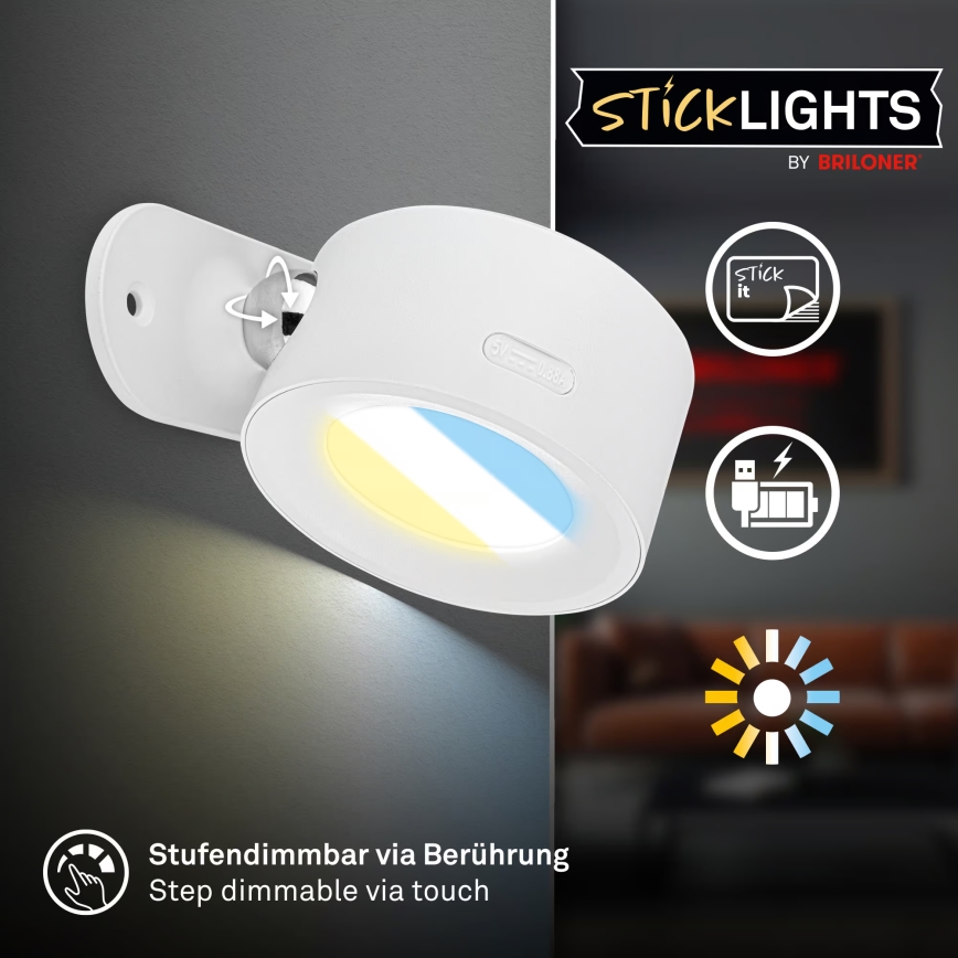 Briloner 3896016 - Aplique de parede LED recarregável e dimerizável TARI LED/1,6W/5V 1500 mAh branco