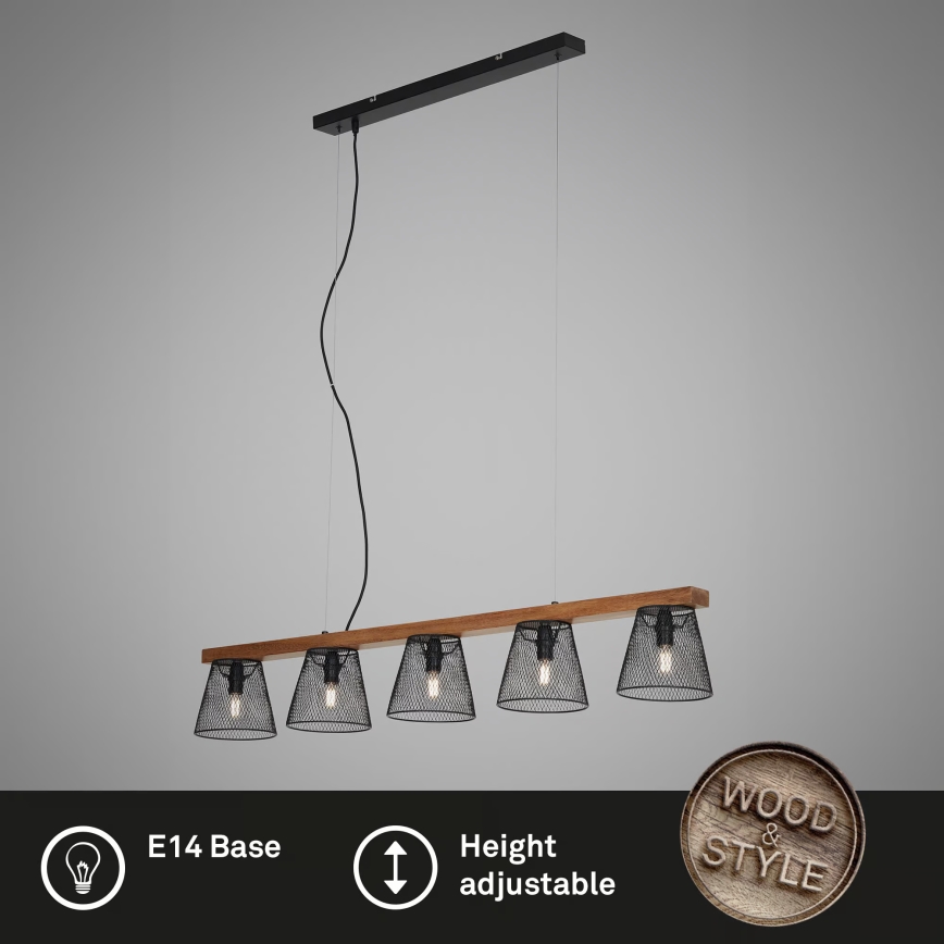 Briloner 4077-055 - Lustre suspenso por cabo WOOD & STYLE 5xE14/25W/230V em madeira de seringueira