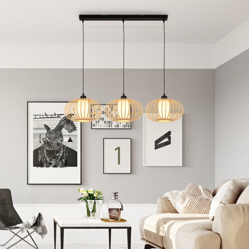 Briloner 4759031 - Lustre suspenso com cabo 3xE27/10W/230V preto/bambu