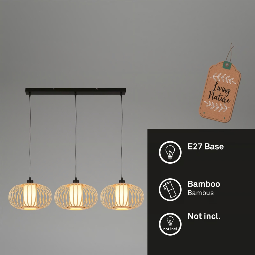Briloner 4759031 - Lustre suspenso com cabo 3xE27/10W/230V preto/bambu