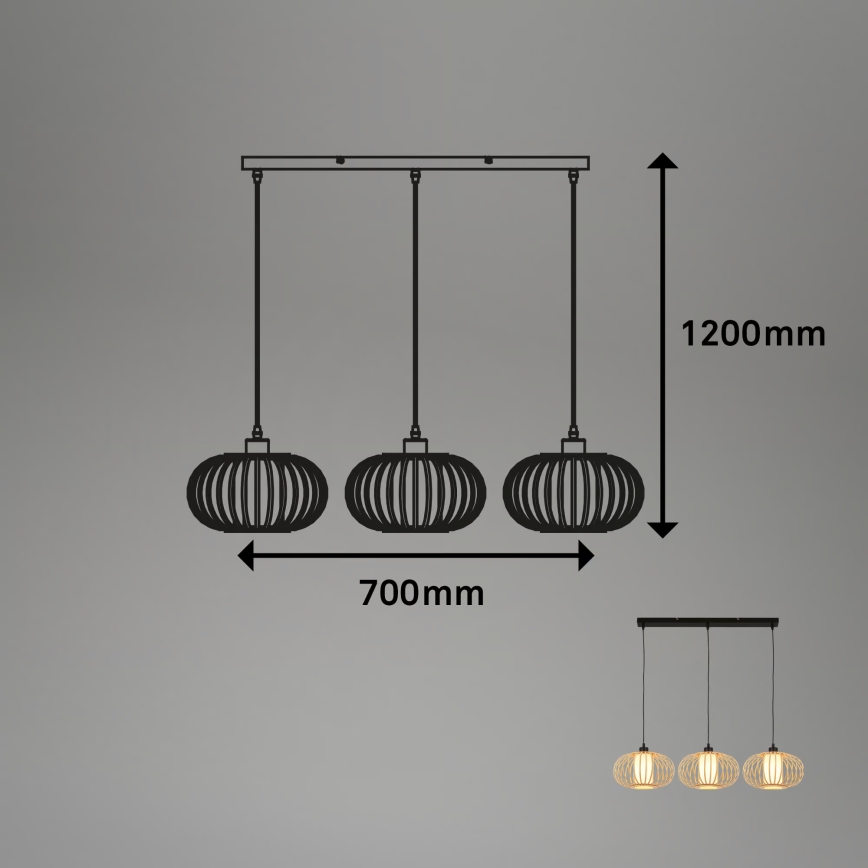Briloner 4759031 - Lustre suspenso com cabo 3xE27/10W/230V preto/bambu