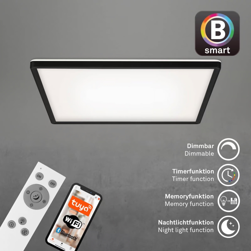 Briloner 7060-015 - Painel de sobrepor LED dimerizável SLIM LED/22W/230V 2700-6500K 42x42 cm preto Wi-Fi Tuya + comando remoto