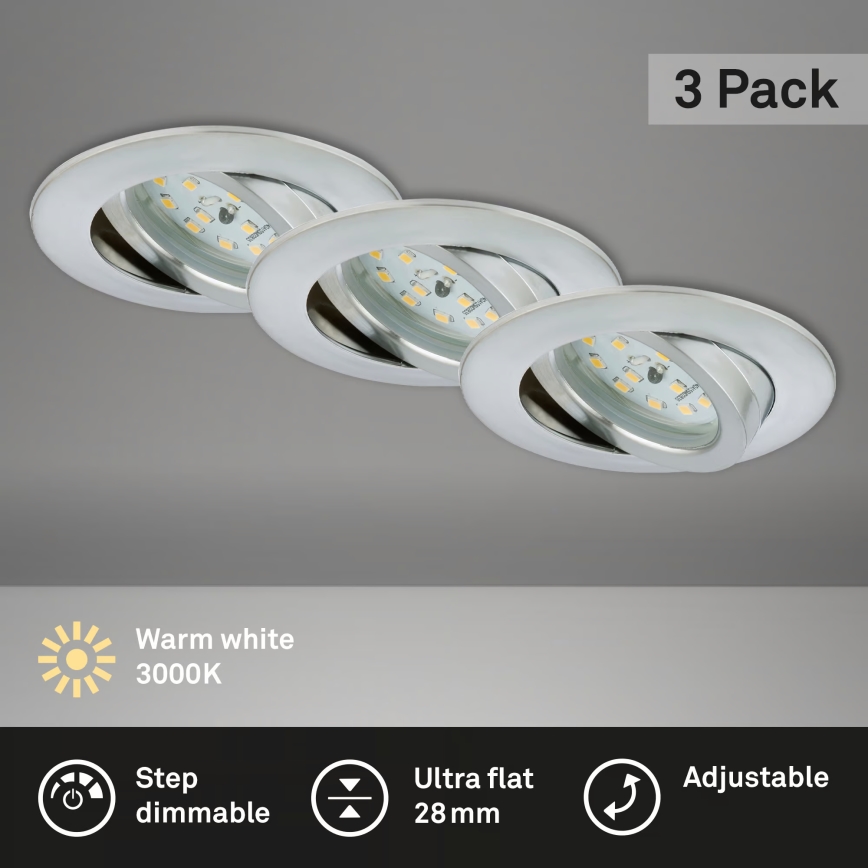 Briloner 7296-039 - Conjunto 3x candeeiros LED encastráveis para casa de banho, dimerizáveis, LED/6,5W/230V 3000K IP23 cromo mate