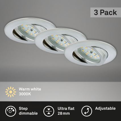 Briloner 7296-039 - Pack de 3 luminárias LED reguláveis de embutir para casa de banho, 1x LED/6,5 W/230 V, 3000 K, IP23, acabamento cromado mate