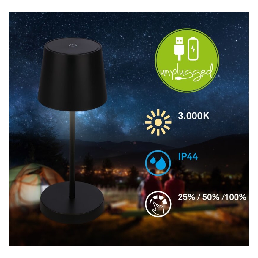 Briloner 7423015 - Lâmpada de mesa exterior recarregável LED regulável LED/2,6W/5V IP44 2000 mAh preta