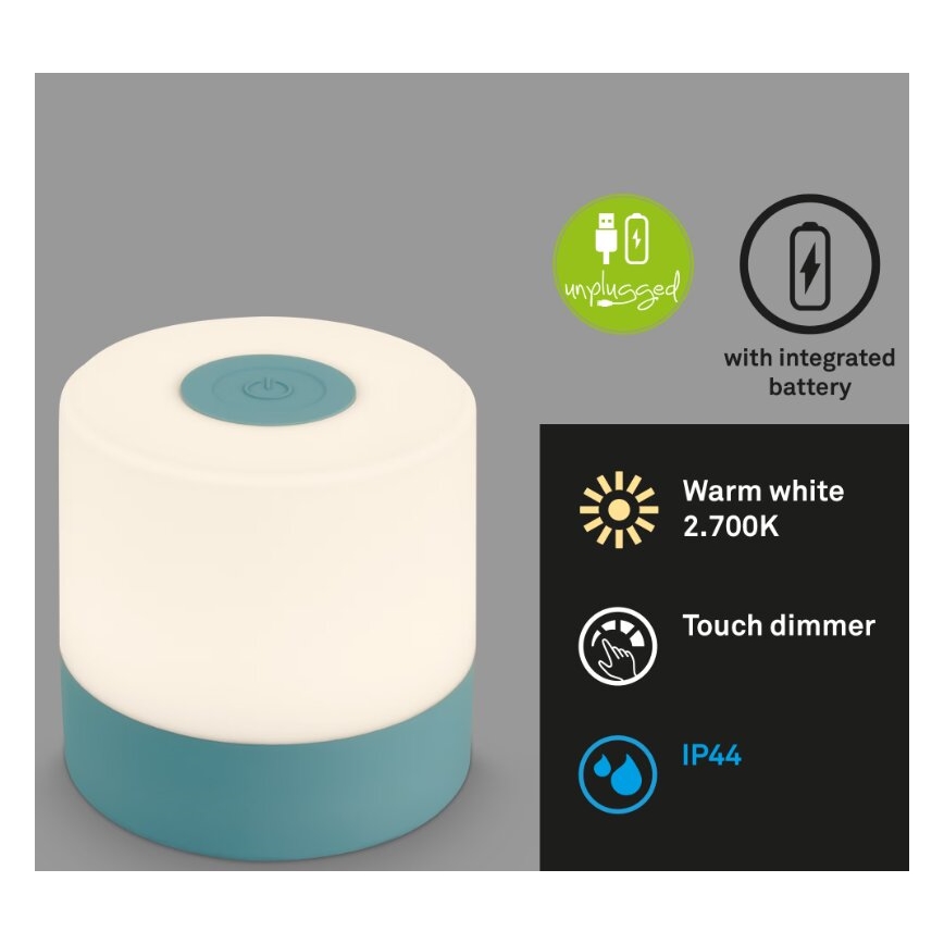 Briloner 7461010 - Lâmpada de mesa exterior recarregável LED regulável LED/2W/5V IP44 1200 mAh azul