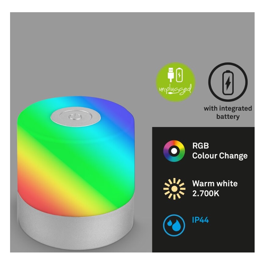 Briloner 7462014 - Lâmpada de mesa exterior recarregável LED RGB LED/1,5W/5V IP44 1200 mAh cromo fosco