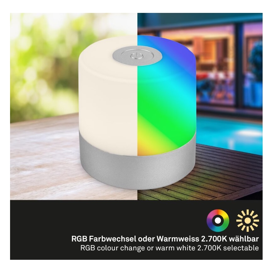 Briloner 7462014 - Lâmpada de mesa exterior recarregável LED RGB LED/1,5W/5V IP44 1200 mAh cromo fosco