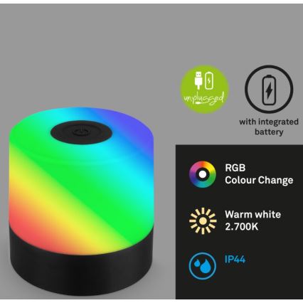 Briloner 7462015 - Lâmpada de mesa exterior recarregável LED RGB LED/1,5W/5V IP44 1200 mAh preta