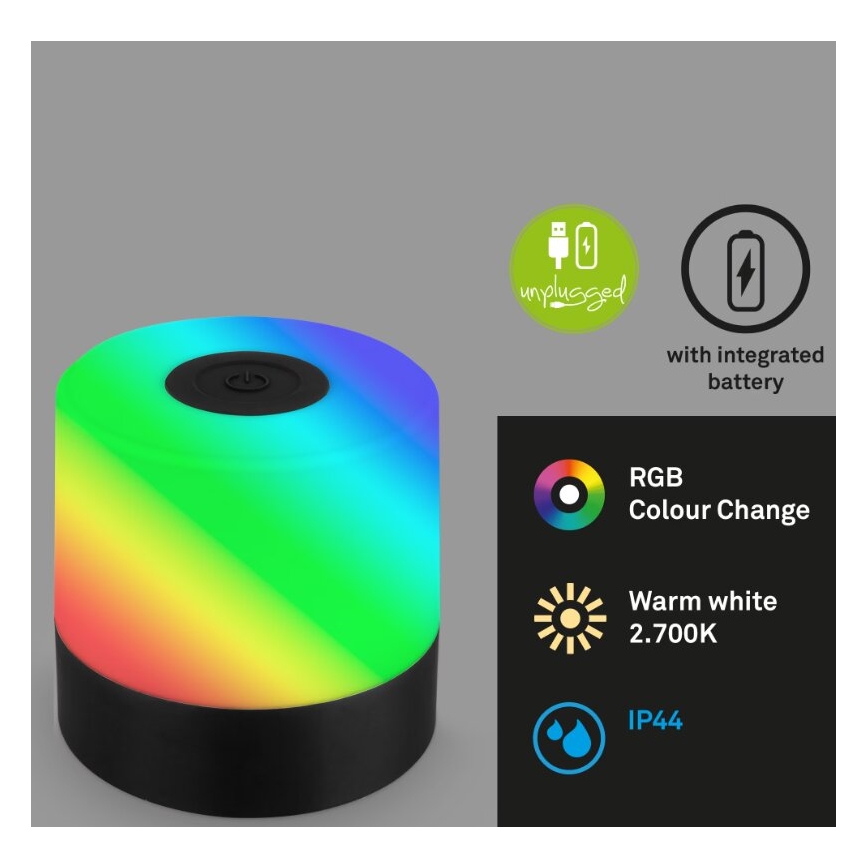 Briloner 7462015 - Lâmpada de mesa exterior recarregável LED RGB LED/1,5W/5V IP44 1200 mAh preta