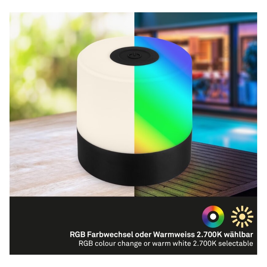 Briloner 7462015 - Lâmpada de mesa exterior recarregável LED RGB LED/1,5W/5V IP44 1200 mAh preta