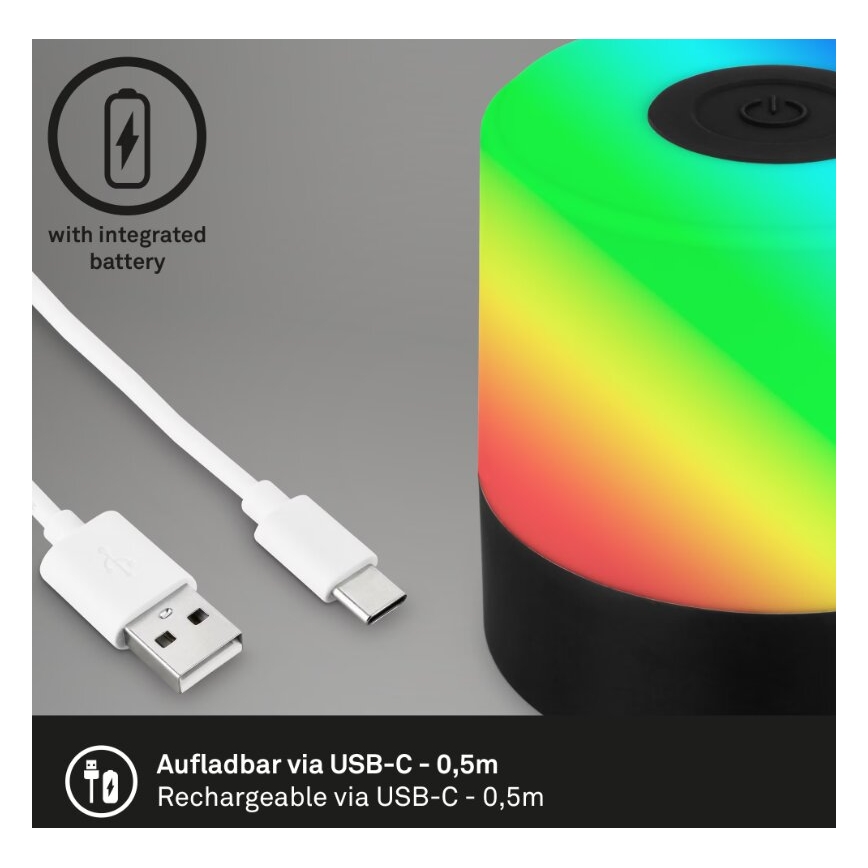 Briloner 7462015 - Lâmpada de mesa exterior recarregável LED RGB LED/1,5W/5V IP44 1200 mAh preta