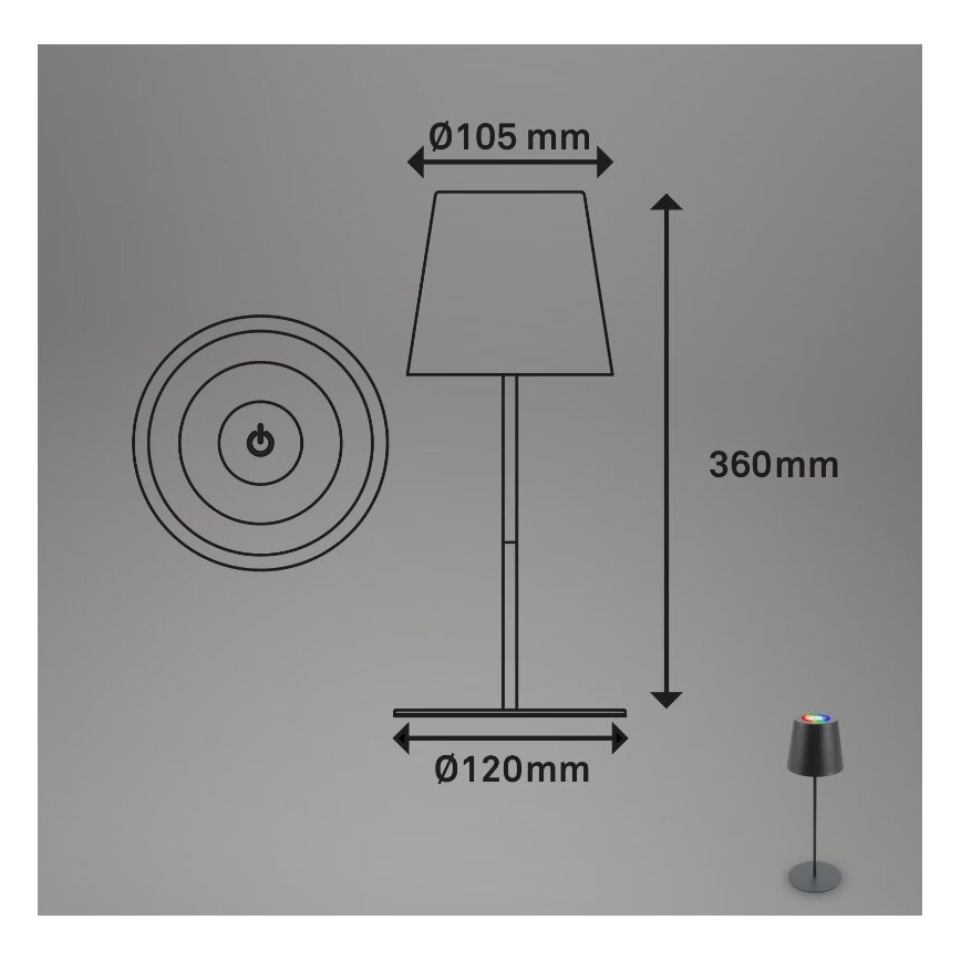 Briloner 7507015 - Lâmpada de Mesa Recarregável para Exterior LED RGB Regulável 2 em 1 LED/2,5W/5V IP44 1200 mAh Antracite