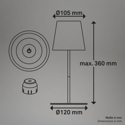 Briloner 7510012 - Lâmpada de mesa recarregável para exterior LED RGBW regulável CALIDA, LED 2,5W/5V, IP44, 1200 mAh, laranja