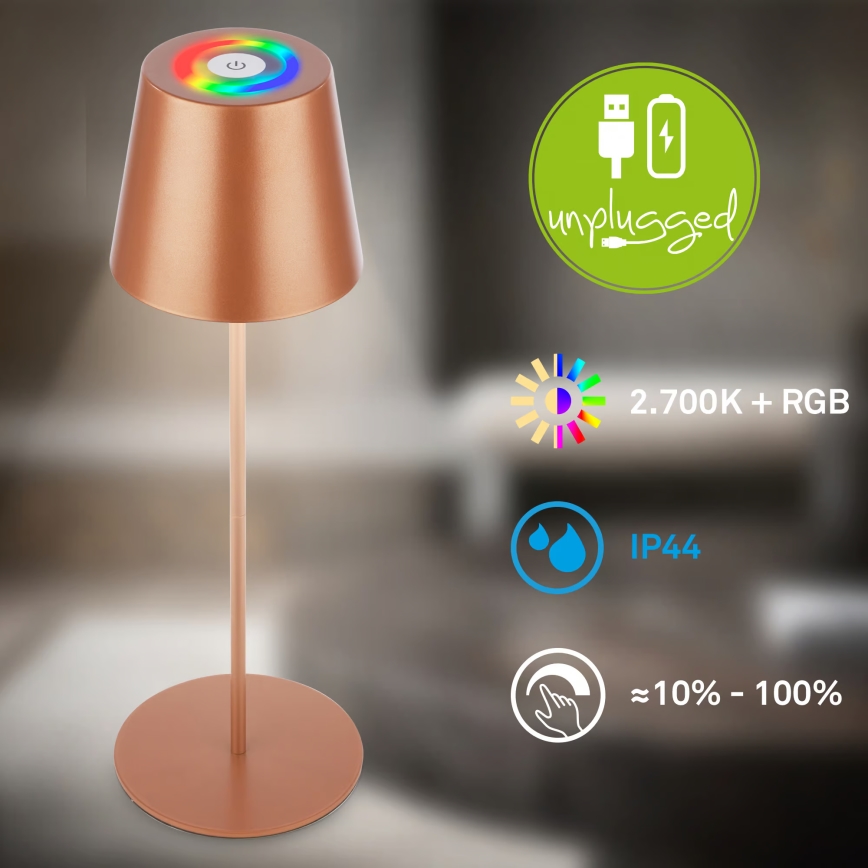 Briloner 7510013 - Lâmpada de Mesa Recarregável para Exterior LED RGBW Regulável CALIDA LED/2,5W/5V IP44 1200 mAh bronze