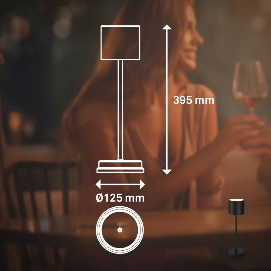 Briloner 7521015 - Lâmpada de mesa LED recarregável dimerizável para exterior SIGO LED/2,5W/5V IP44 2600 mAh preta