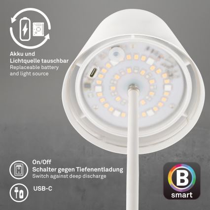 Briloner 7559016 - Lâmpada de mesa exterior recarregável e regulável LED RGB COLORIS, LED 3,5W/5V, IP44, 2000 mAh, Wi‑Fi compatível com Tuya