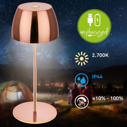 Briloner - Candeeiro de Mesa MINI LED para Exterior, Tátil, Recarregável e Regulável, LED/2,5W/5V IP44 1800 mAh, Cobre