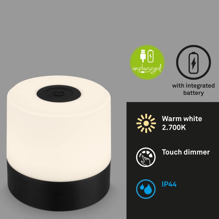 Briloner - Candeeiro de mesa tátil recarregável para exterior regulável LED/2W/5V 2700K IP44 1200 mAh preto