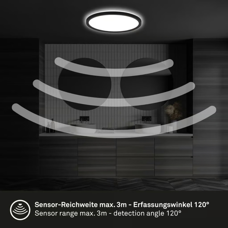 Briloner - Luminária de teto para casa de banho com sensor de movimento MOVE LED/18W/230V IP44 Ø 29 cm preta