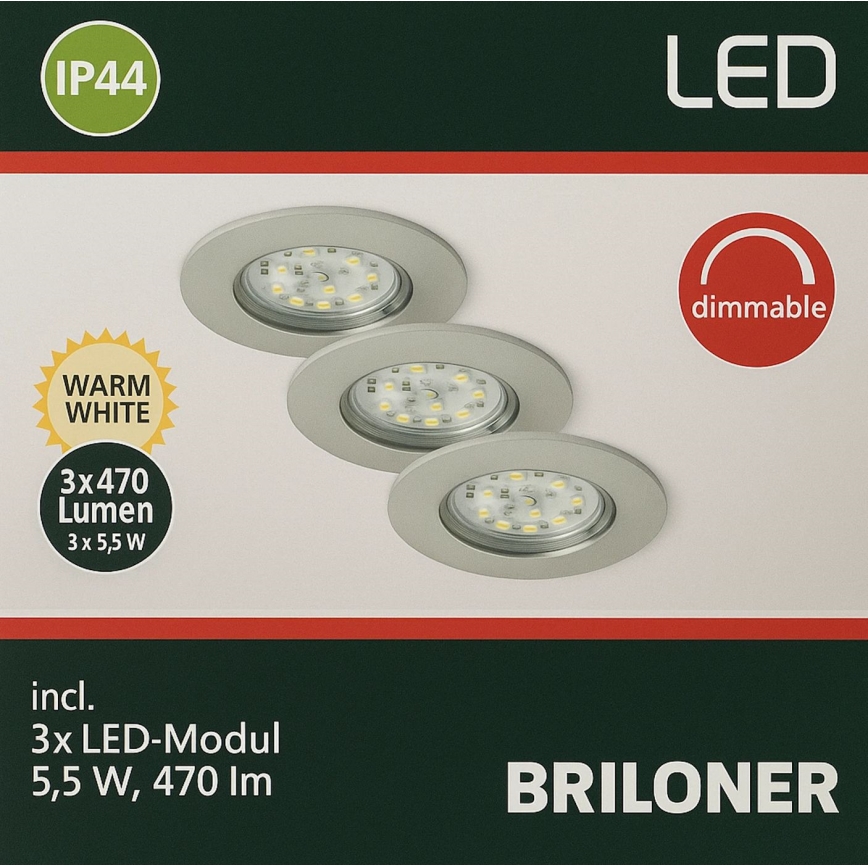 Briloner - CONJUNTO de 3 luminárias de teto embutidas para banheiro com LED regulável LED/5,5W/230V IP44
