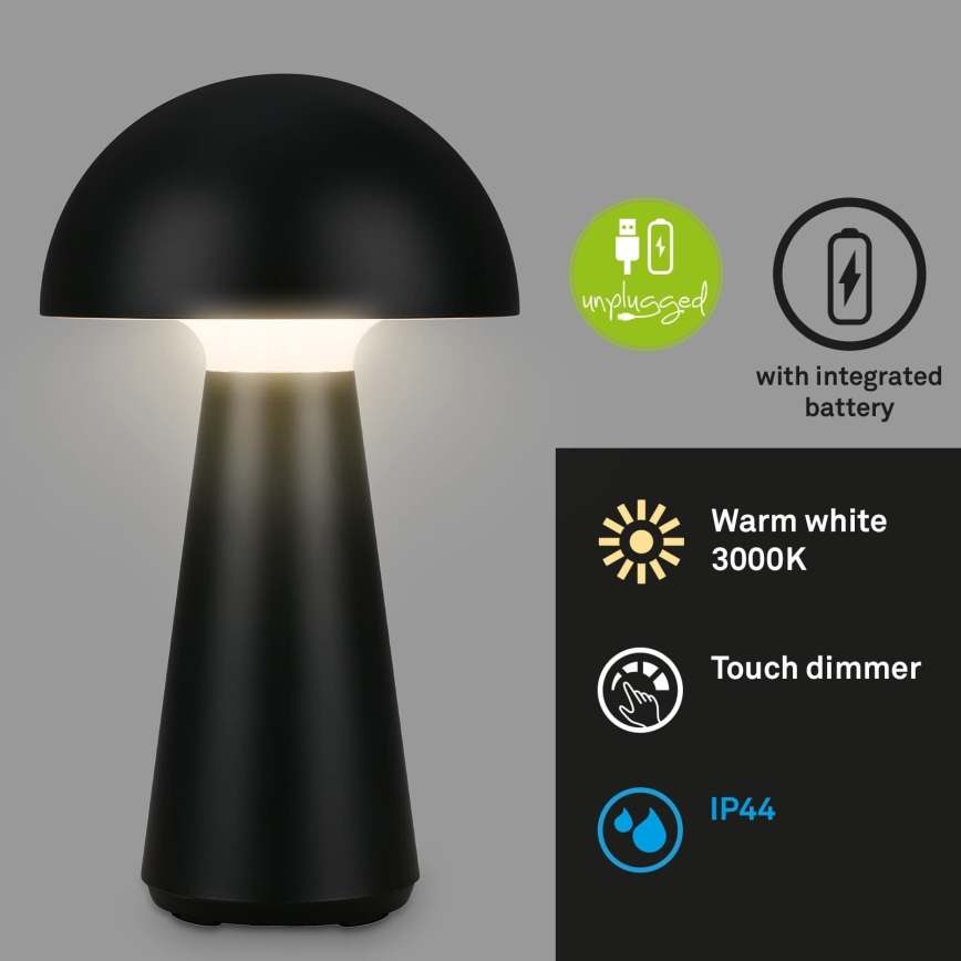 Briloner - Candeeiro de mesa LED tátil recarregável e regulável para exterior LED/2,6W/5V 3000K IP44 2000 mAh preto