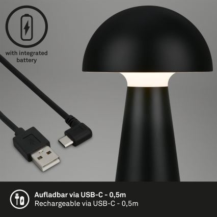 Briloner - Candeeiro de mesa LED tátil recarregável e regulável para exterior LED/2,6W/5V 3000K IP44 2000 mAh preto