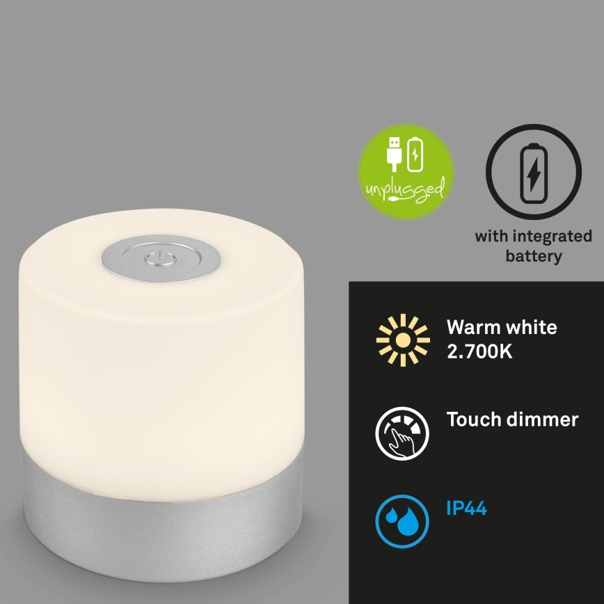 Briloner - Lâmpada de Mesa para Exterior LED Dimerizável Recarregável Tátil/2W/5V 2700K IP44 1200 mAh Cromo Mate