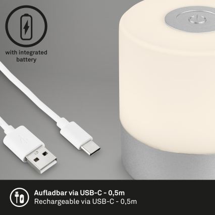 Briloner - Lâmpada de Mesa para Exterior LED Dimerizável Recarregável Tátil/2W/5V 2700K IP44 1200 mAh Cromo Mate