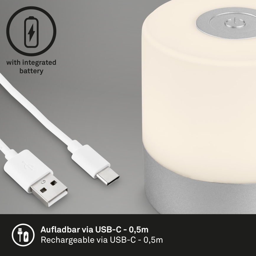 Briloner - Lâmpada de Mesa para Exterior LED Dimerizável Recarregável Tátil/2W/5V 2700K IP44 1200 mAh Cromo Mate