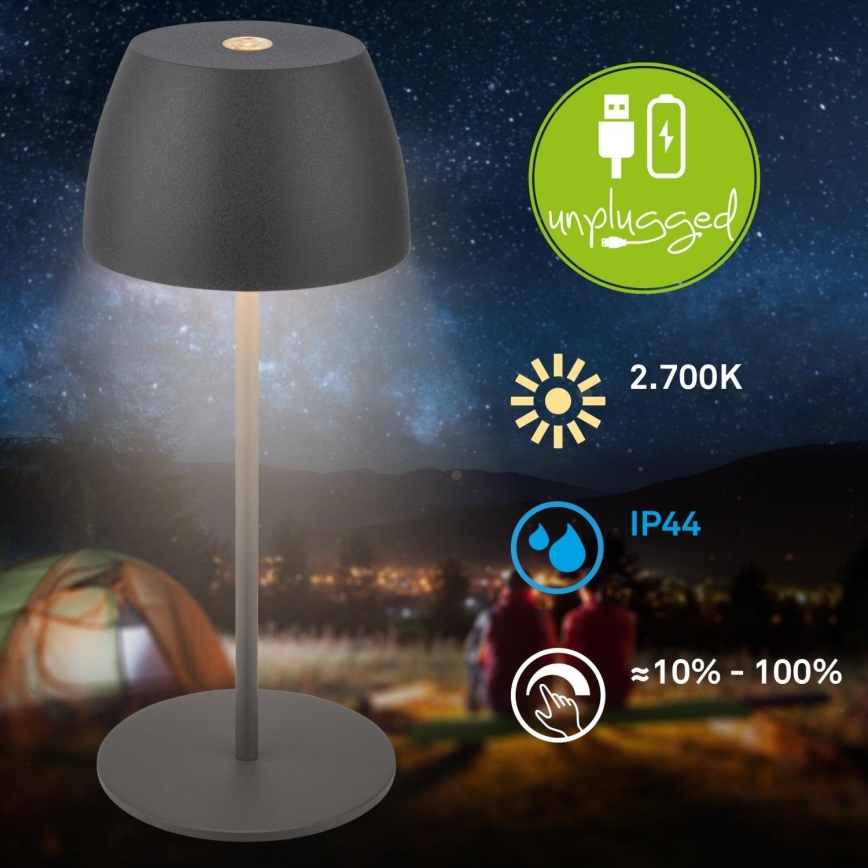 Briloner - Candeeiro de mesa exterior tátil, recarregável e dimerizável MINI LED/2,5W/5V IP44 1800 mAh antracite