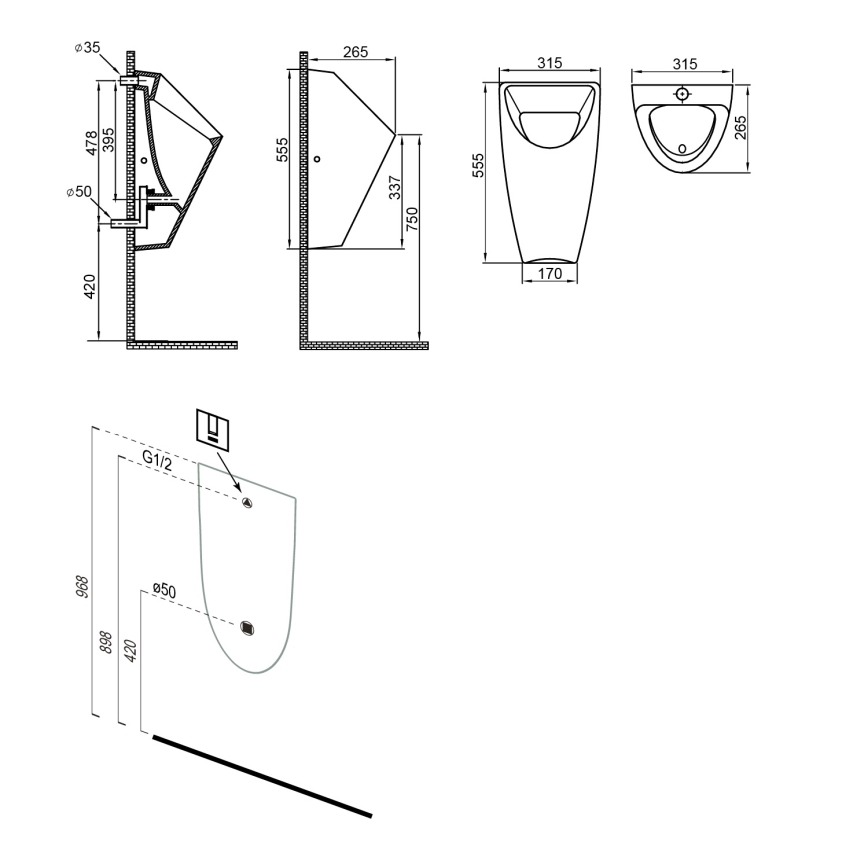 Bruckner - Mictório SCHWARN com ligação traseira, saída traseira e descarga integrada 6 V CC, branco