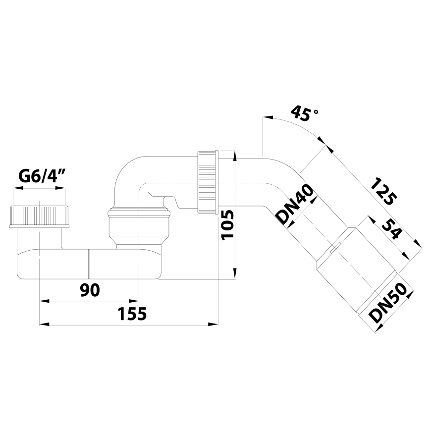 Bruckner - Sifão com rosca de união e ângulo de curvatura DN40/50 branco