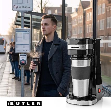 Butler - Cafeteira para uma chávena 0,4 l com caneca de viagem 750W/230V inox/preto