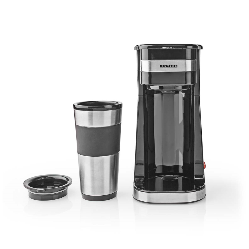 Butler - Cafeteira para uma chávena 0,4 l com caneca de viagem 750W/230V inox/preto