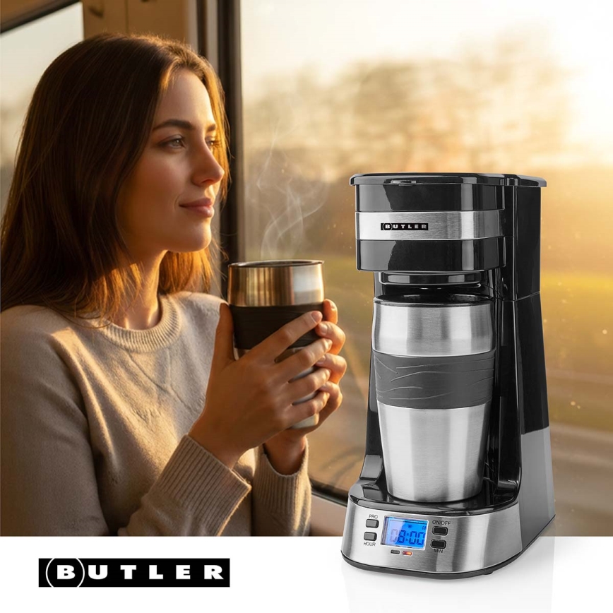 Butler - Cafeteira para uma chávena de 0,4 l com temporizador e caneca de viagem 750W/230V inox/preto